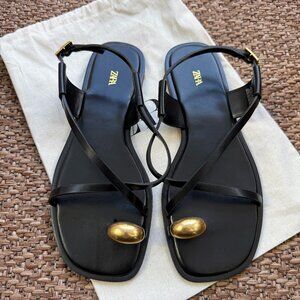 Zara Flat Strappy Sandals With Metal Adornment